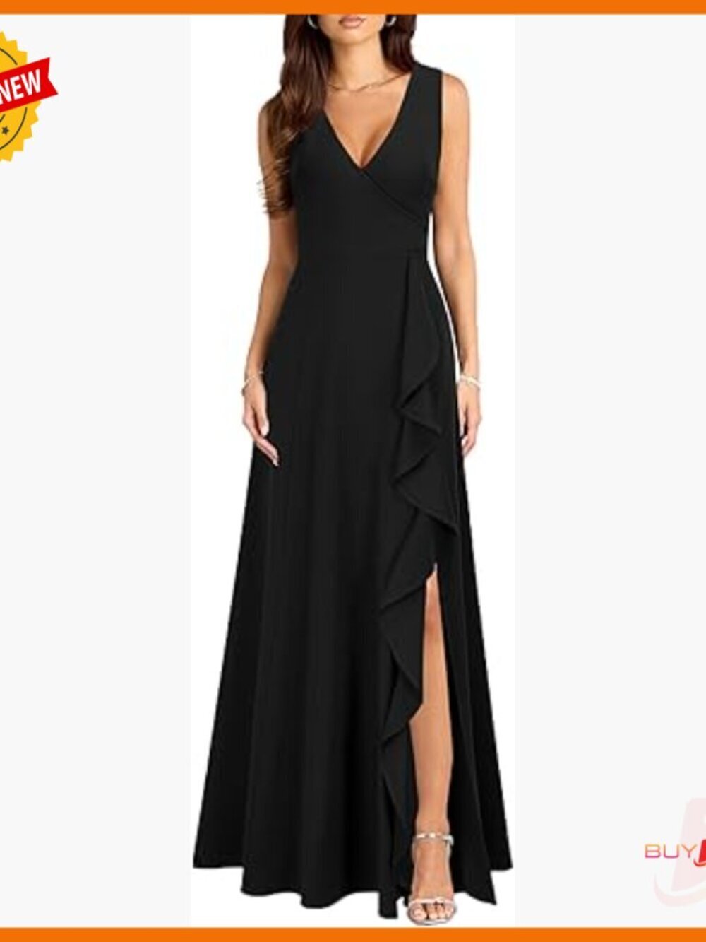 V Neck Ruffle Cocktail Dress with Pockets Formal Long Dress